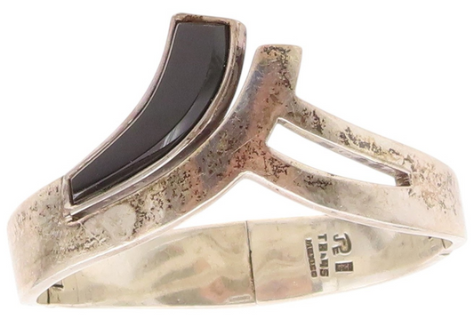 925 Sterling Silver Vintage Bracelet JRE MEXICO Designer Cutout Onyx  BT11326
