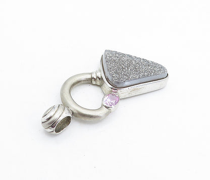 925 Sterling Silver  Vintage Druzy Stone & Pink Topaz Fluted Pendant  PT4573