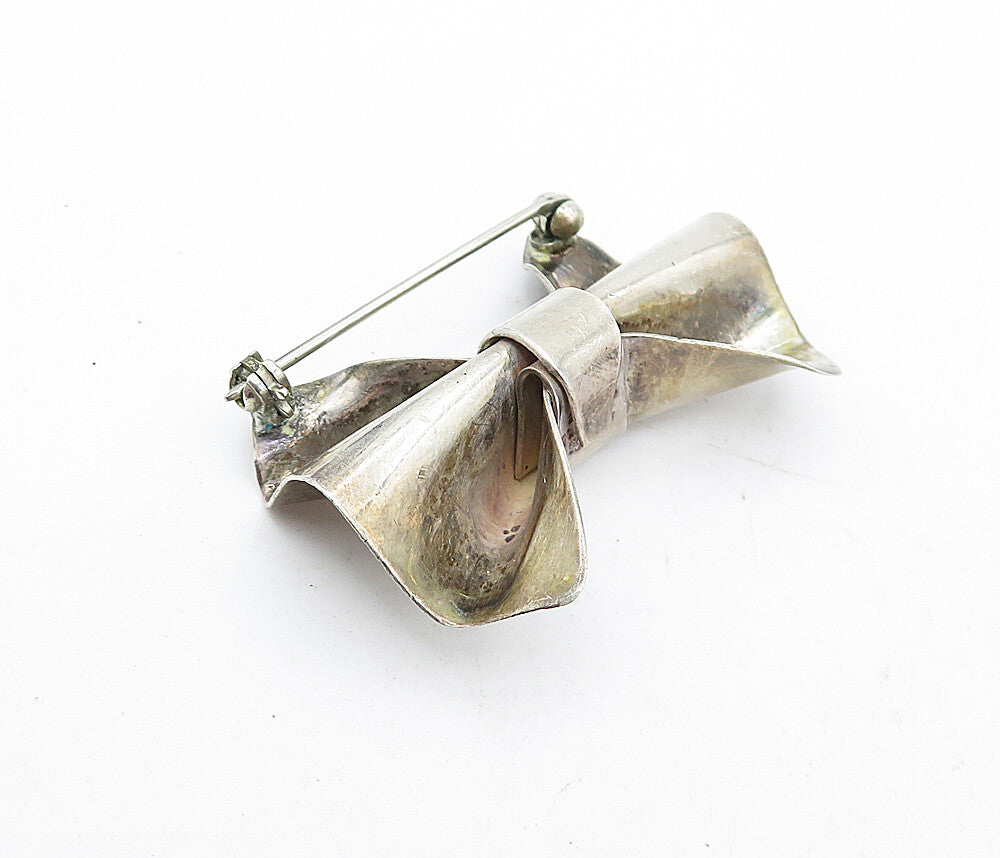 MEXICO 925 Sterling Silver  Vintage Shiny Dark Tone Bow Tie Brooch Pin  BP2036