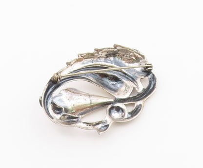 925 Sterling Silver  Vintage Shiny Smooth Flower & Leaf Brooch Pin  BP8119
