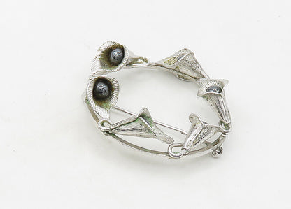 WELLS 925 Silver  Vintage Shiny Hematite Floral Wreath Brooch Pin  BP8444