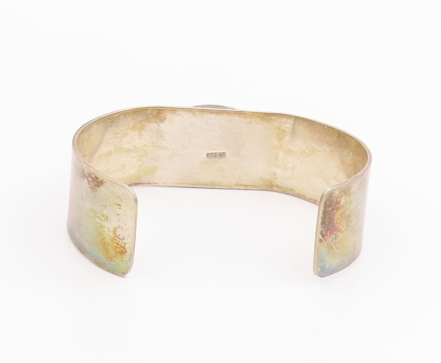 925 Sterling Silver Vintage Bracelet Modernist Cabochon Malachite Cuff  BT11971