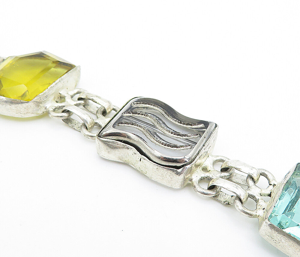 925 Sterling Silver  Vintage Azurite Turquoise & Topaz Chain Bracelet  BT3157