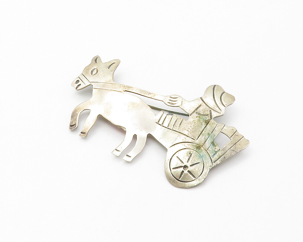MEXICO 925 Sterling Silver  Vintage Donkey Carriage Etched Brooch Pin  BP5587