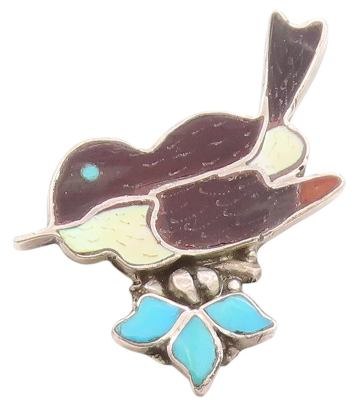925 Sterling Silver Vintage Brooch NAVAJO ZUNI Turquoise Enameled Bird  BP11821