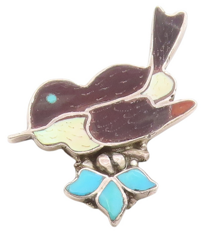 925 Sterling Silver Vintage Brooch NAVAJO ZUNI Turquoise Enameled Bird  BP11821