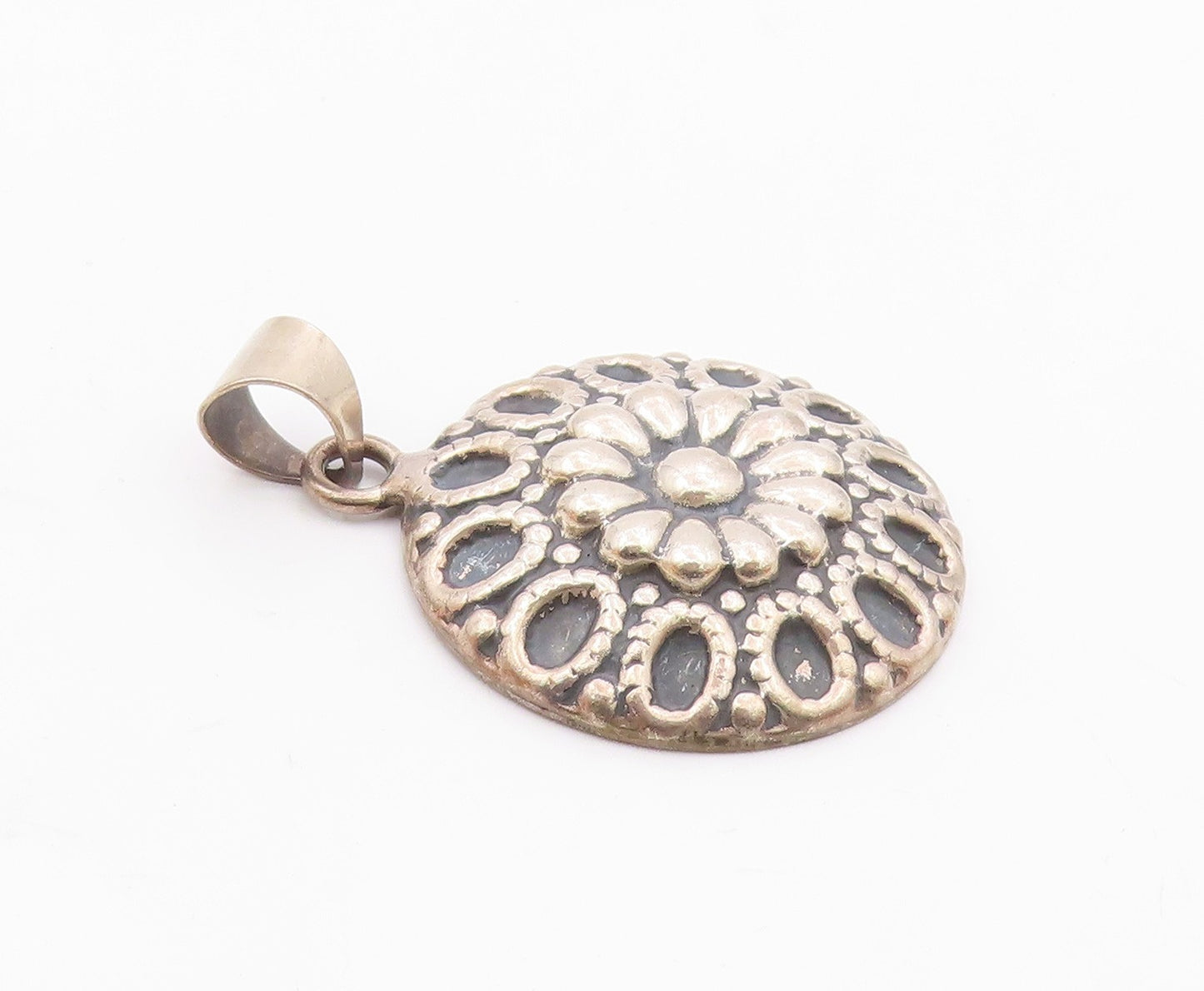 MWS MEXICO 925 Silver  Vintage Shiny Round Floral Motif Pendant  PT16072