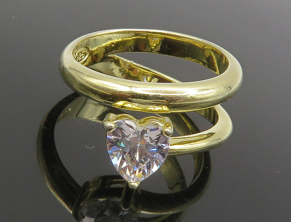 925 Sterling Silver Cubic Zirconia Heart Gold Plated Band Ring Sz 6 RG14786