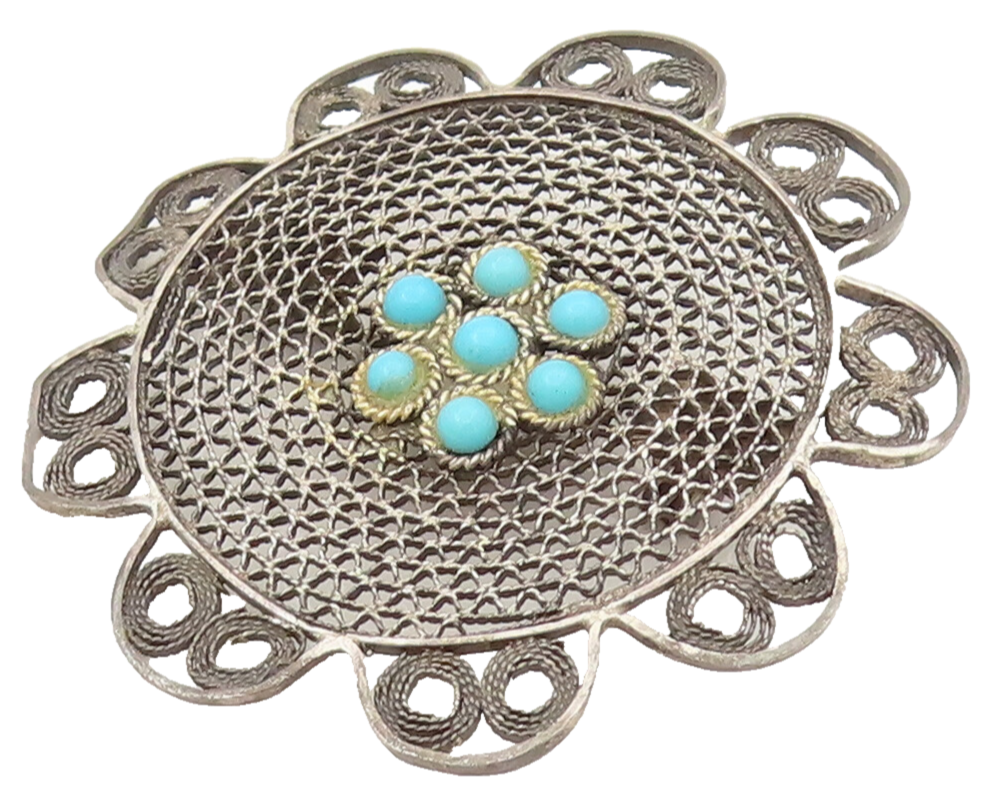 ISRAEL 925 Silver  Vintage Turquoise Flower Wire Mesh Brooch Pin  BP10286