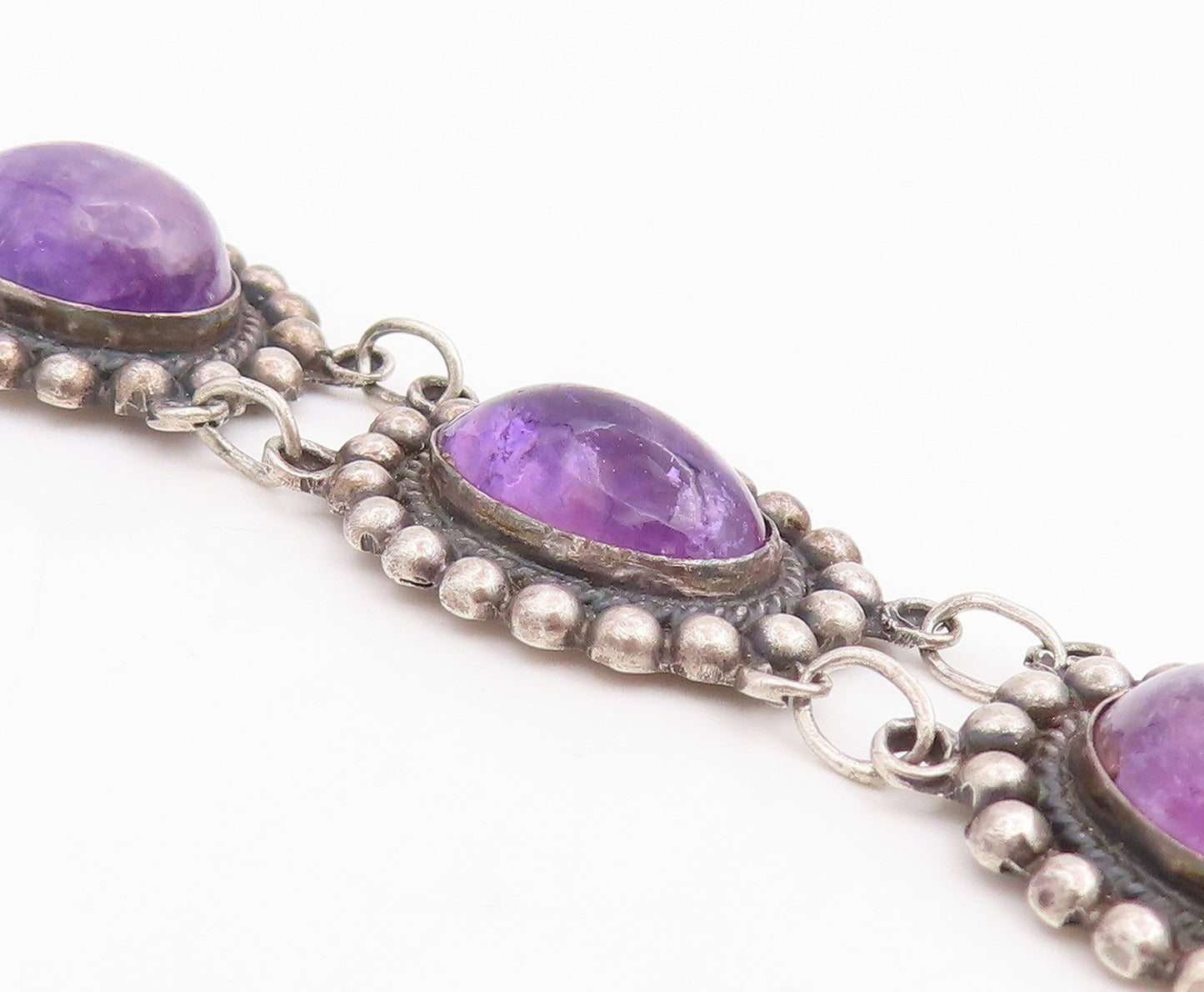 925 Sterling Silver Vintage Bracelet Cabochon Amethyst Beaded Link  BT11845