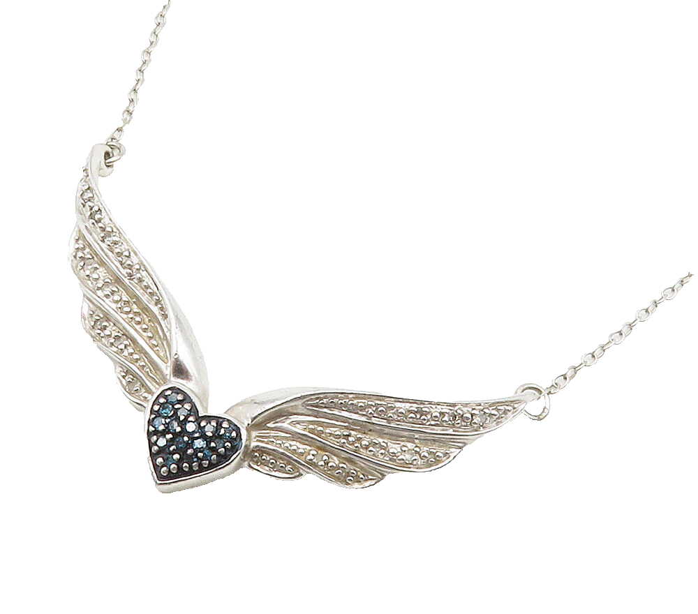 925 Sterling Silver  Genuine Blue & White Diamonds Heart Chain Necklace NE2523