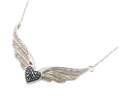 925 Sterling Silver  Genuine Blue & White Diamonds Heart Chain Necklace NE2523