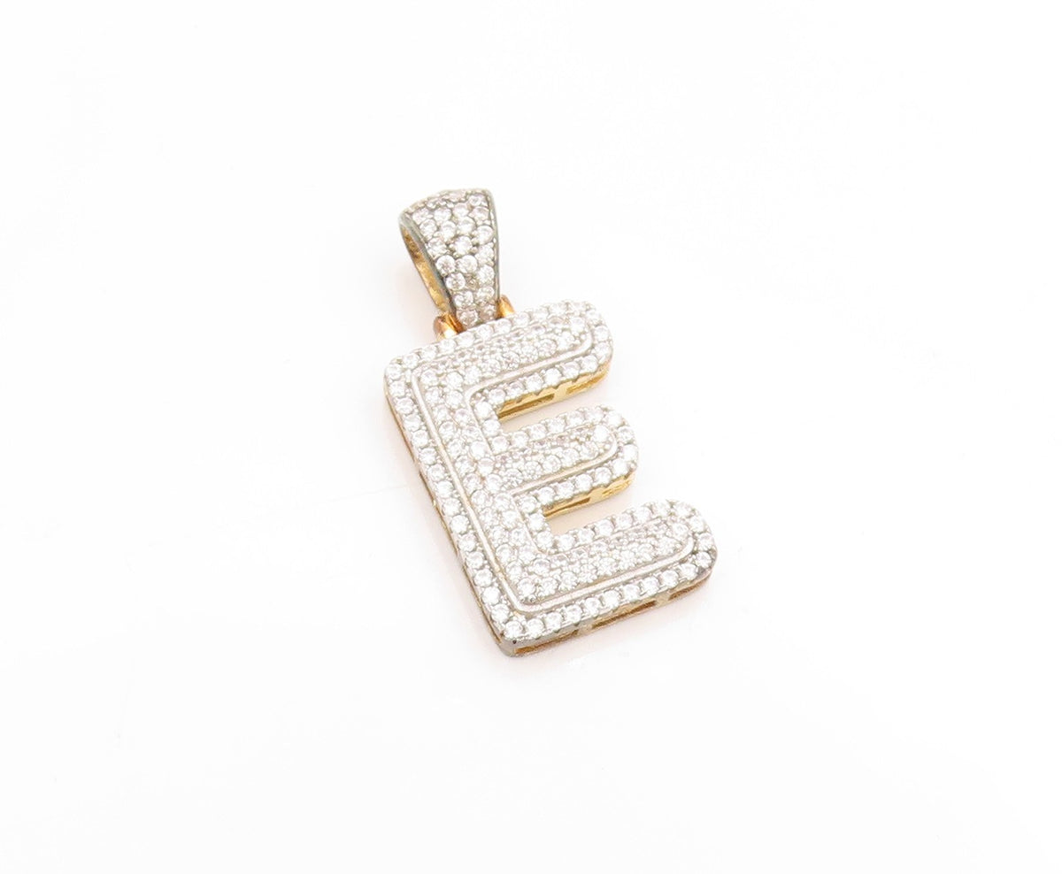 925 Sterling Silver Vintage Pendant Gold Plated CZ Clustered Alphabet E  PT25006