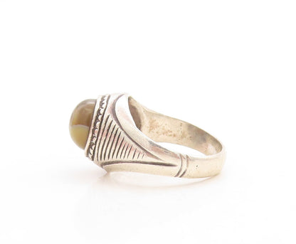 925 Sterling Silver Vintage Ring Antique Etched Gemstone Inlay  Sz 7.5  RG31537