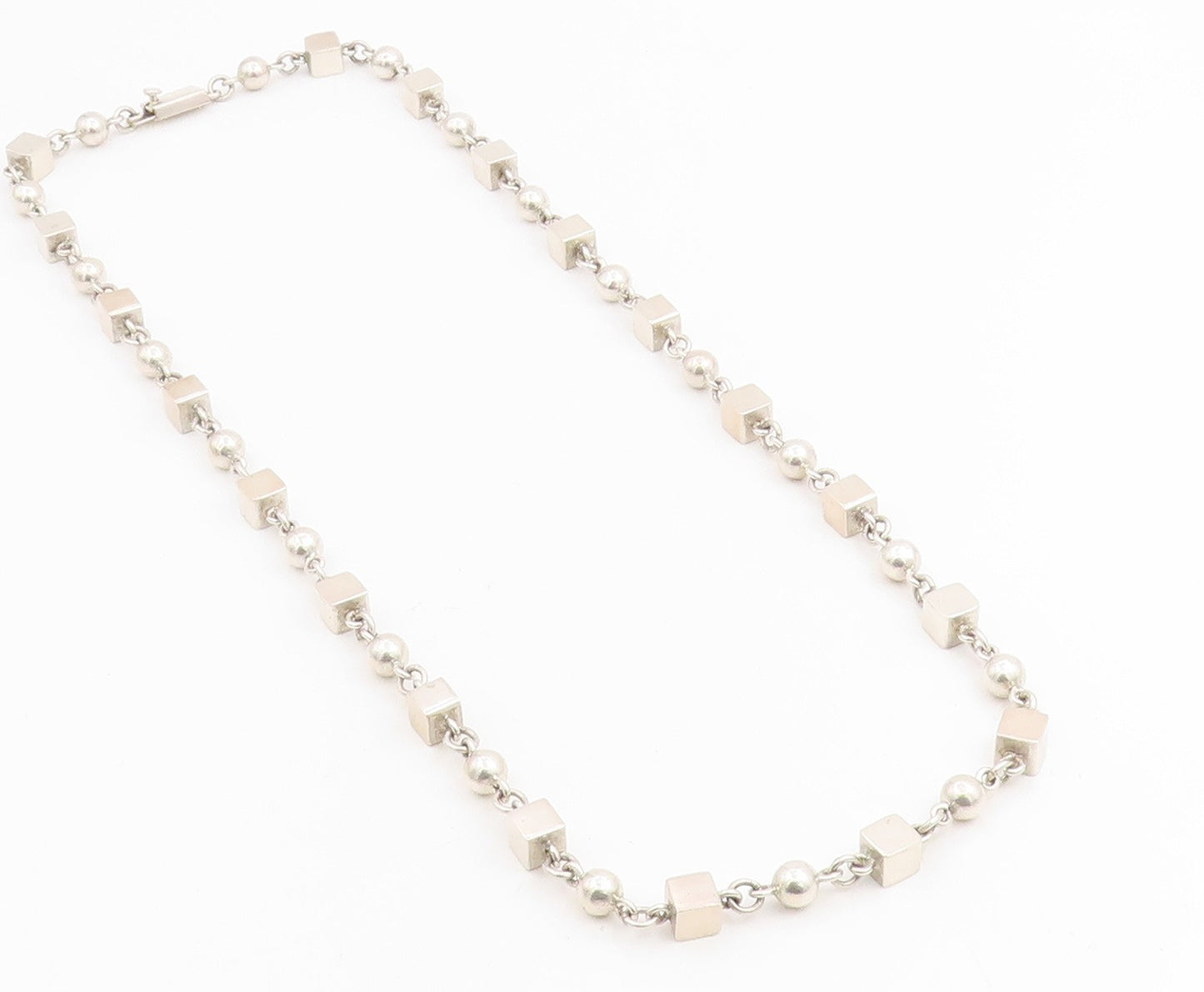 925 Sterling Silver Vintage Necklace MEXICO Geometric Cube & Sphere Chain NE4760