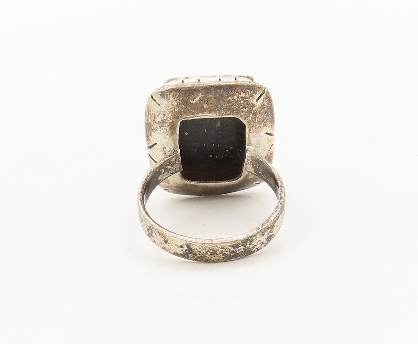 925 Silver  Vintage Onyx & Lapis Lazuli Grid box Rectangle Ring Sz 6  RG27090