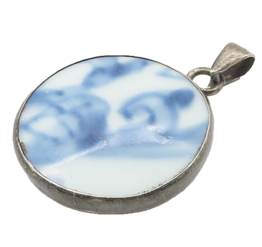 925 Sterling Silver  Vintage Chinese Ceramic Art Round Drop Pendant  PT14164