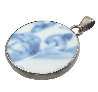 925 Sterling Silver  Vintage Chinese Ceramic Art Round Drop Pendant  PT14164