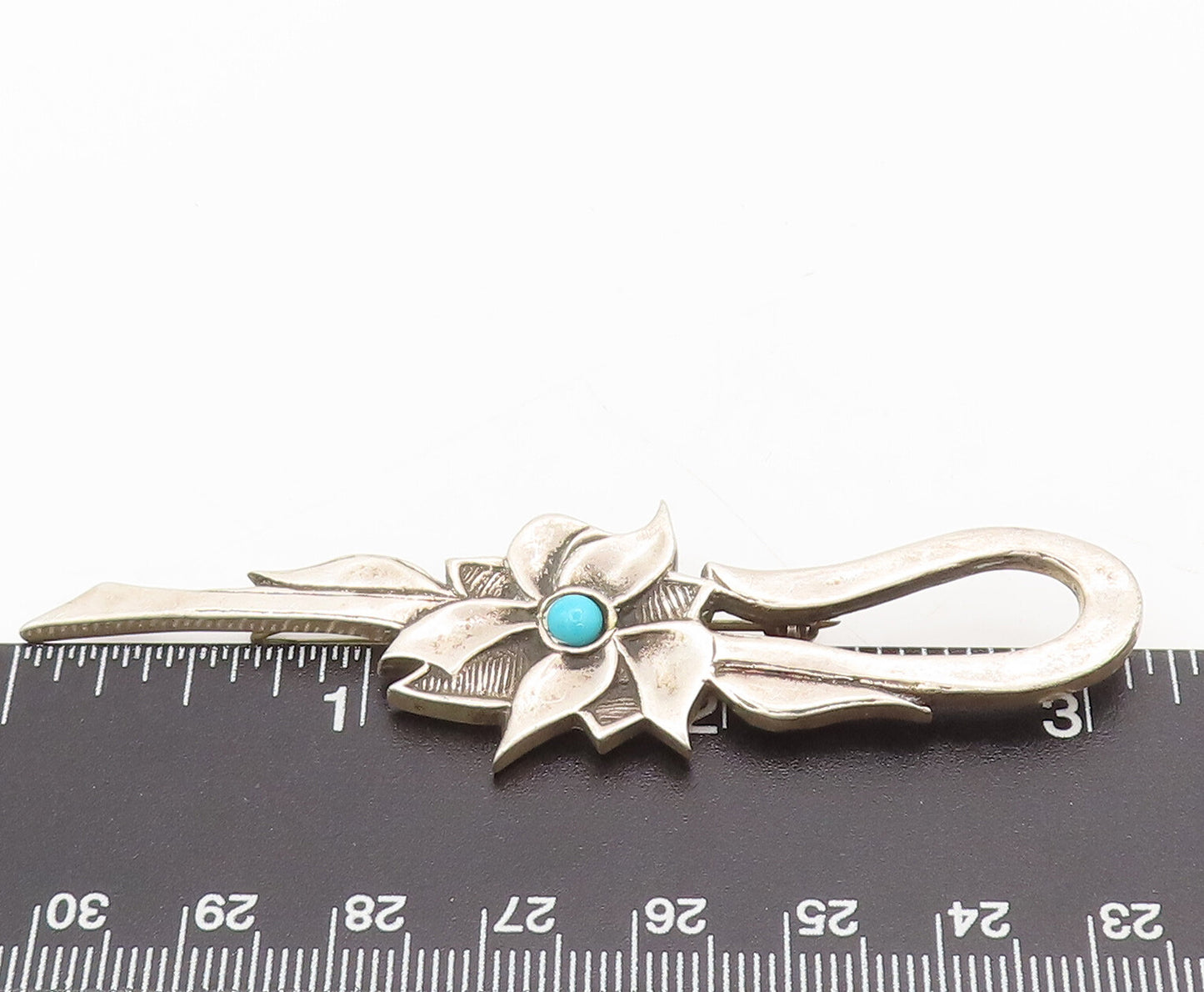 925 Sterling Silver  Vintage Swirly Carved Turquoise Flower Brooch Pin BP10458