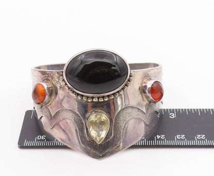 925 Sterling Silver Vintage Bracelet BALI Large Heavy Onyx Amber Topaz  BT11345