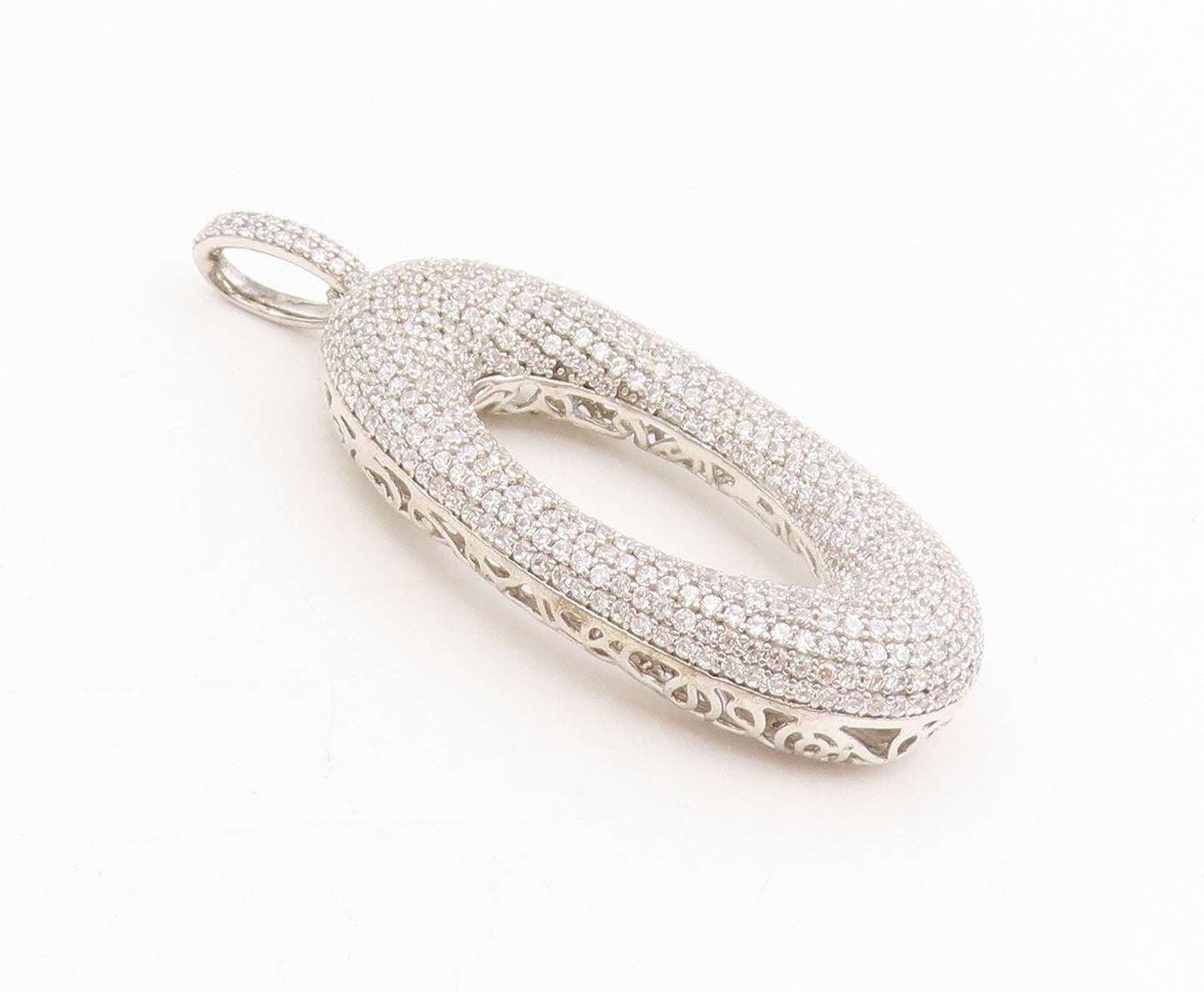 925 Sterling Silver Vintage Pendant Clustered CZ Open Puffed Oval Drop  PT25542