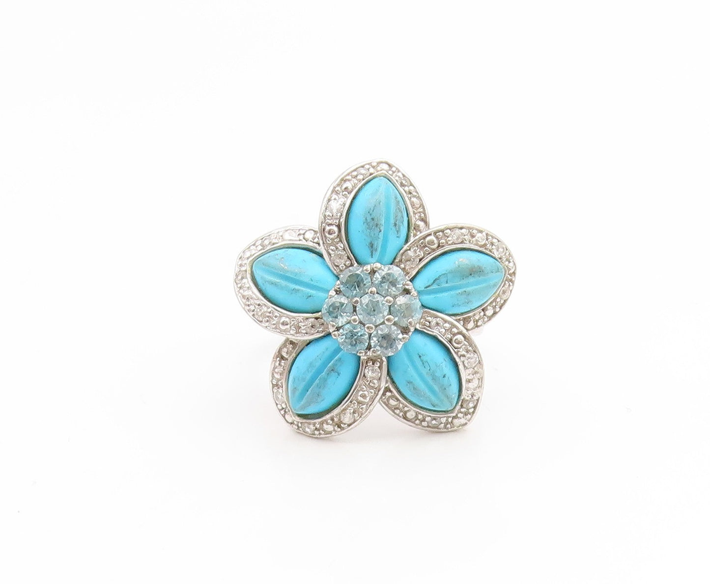 925 Sterling Silver Vintage Ring Real Diamonds & Topaz Floral Petal Sz 7 RG35237