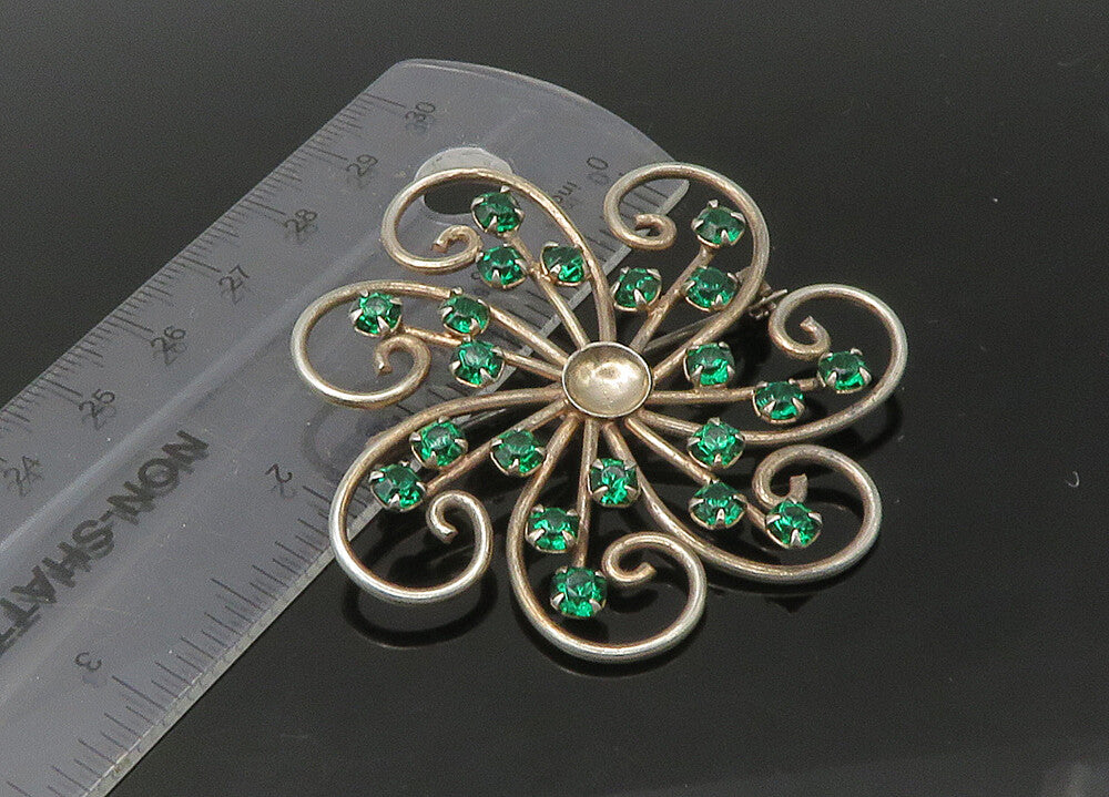 925 Sterling Silver  Vintage Green Stone Swirl Flower Motif Brooch Pin  BP8796