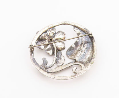 925 Sterling Silver  Vintage Antique Floral Swirl Round Brooch Pin  BP7047