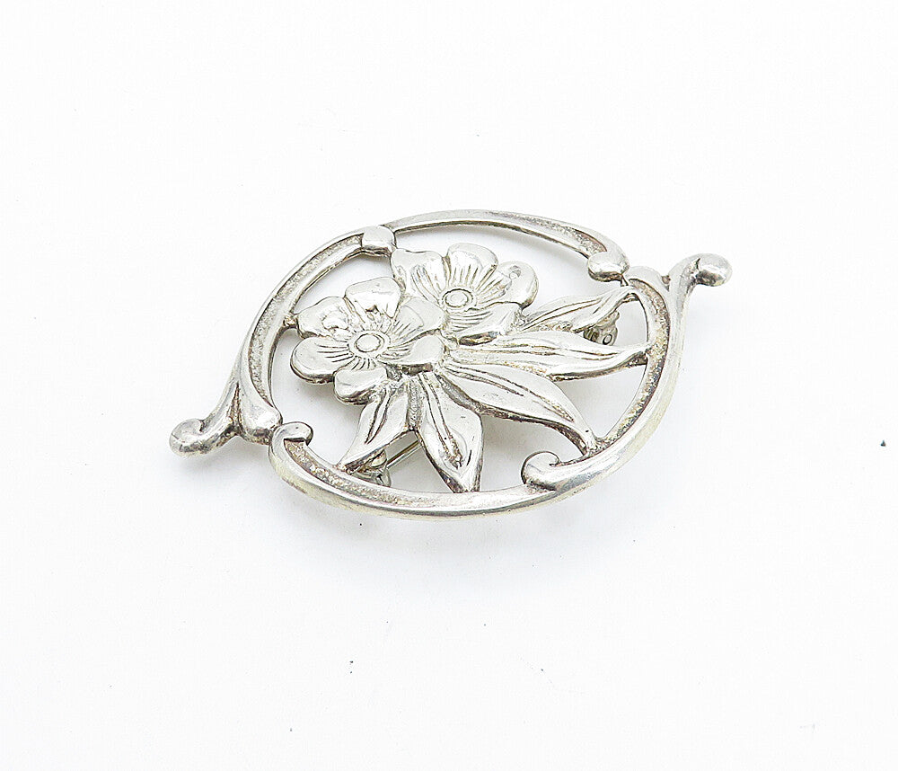 925 Sterling Silver  Vintage Shiny Double Flower Round Brooch Pin  BP2679