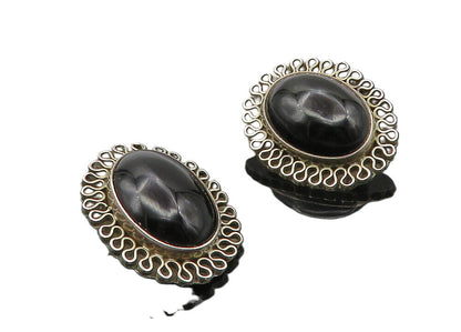 MEXICO 925 Silver  Vintage Cabochon Cut Black Onyx Non Pierce Earrings  EG5272