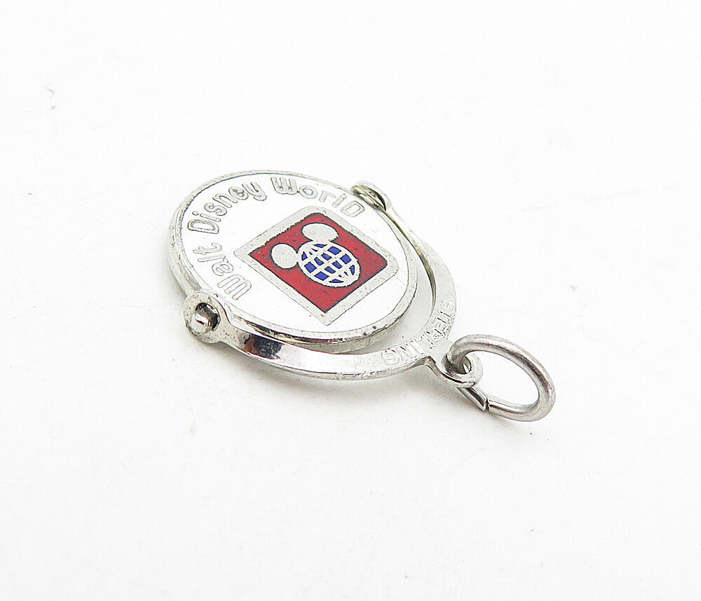 WALT DISNEY 925 Silver  Vintage Enamel Disney World Round Drop Pendant  PT6362