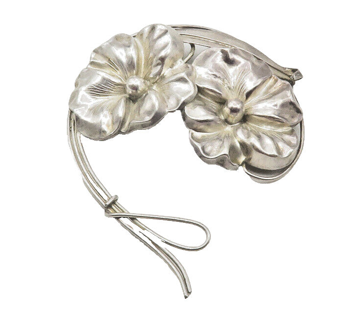 925 Sterling Silver  Vintage Shiny Flowers & Leaf Motif Brooch Pin  BP4369