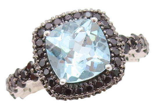 925 Sterling Silver Vintage Ring Square Blue Topaz & Spinel Inlay  Sz 7 RG30354