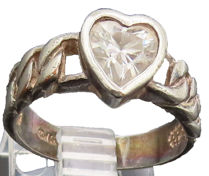 925 Silver  Vintage Lock Carved Band Heart Cutout Topaz Ring Sz 7  RG27014