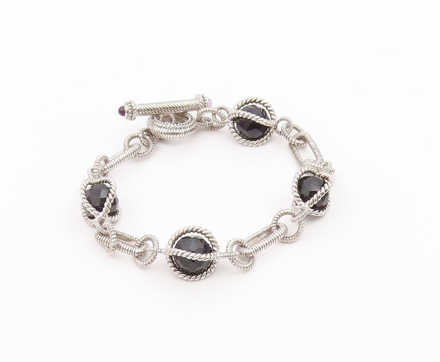 925 Sterling Silver Vintage Bracelet JUDITH RIPKA Onyx Twisted Rope  BT12189