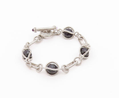 925 Sterling Silver Vintage Bracelet JUDITH RIPKA Onyx Twisted Rope  BT12189