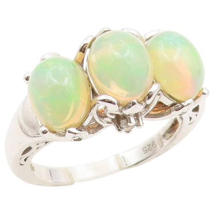 925 Sterling Silver Vintage Ring Cabochon Fire Opal Trilogy Band  Sz 10  RG36618