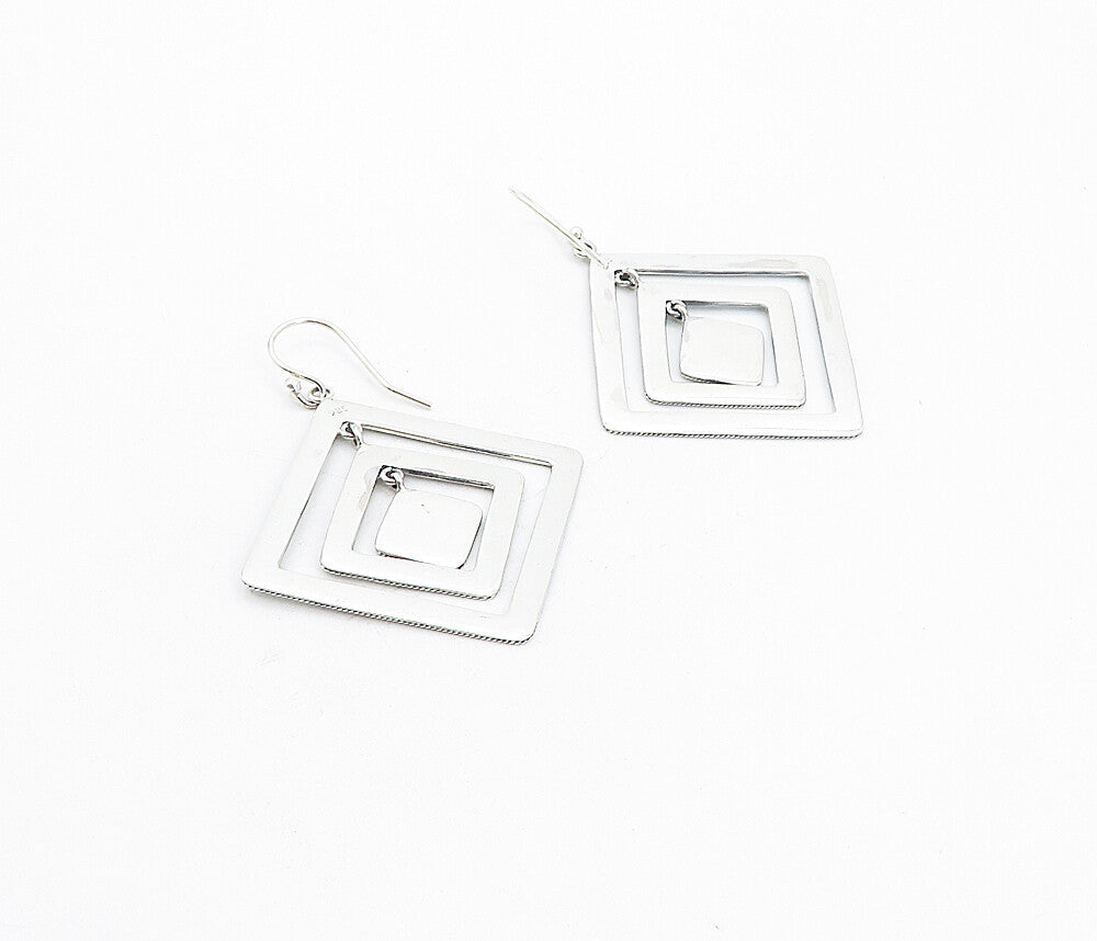 925 Sterling Silver  Shiny Circle Patterned Square Dangle Earrings  EG3429