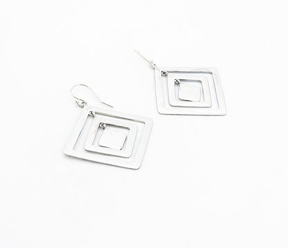 925 Sterling Silver  Shiny Circle Patterned Square Dangle Earrings  EG3429