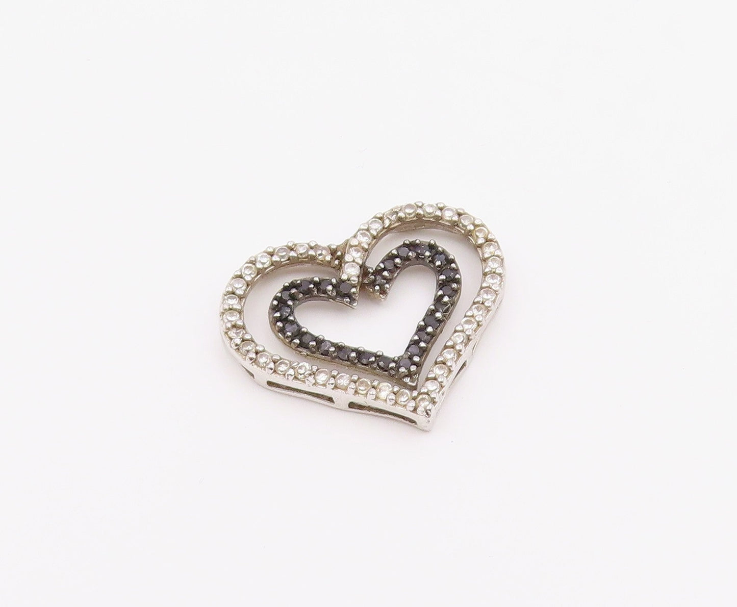 925 Sterling Silver  Vintage Topaz & Black Spinel Love Heart Pendant  PT18555