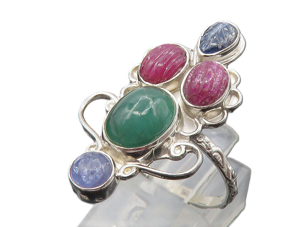 925 Sterling Silver  Carnelian Ruby & Sapphire Cocktail Ring Sz 8  RG8866