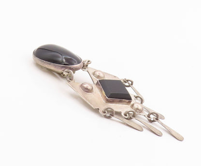 925 Sterling Silver Vintage Earrings MEXICO Cabochon Dangling Onyx Inlay EG13342