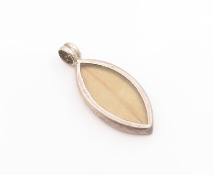 925 Sterling Silver Vintage Pendant Marquise Shape Dried Leaf Inlay Drop PT26257