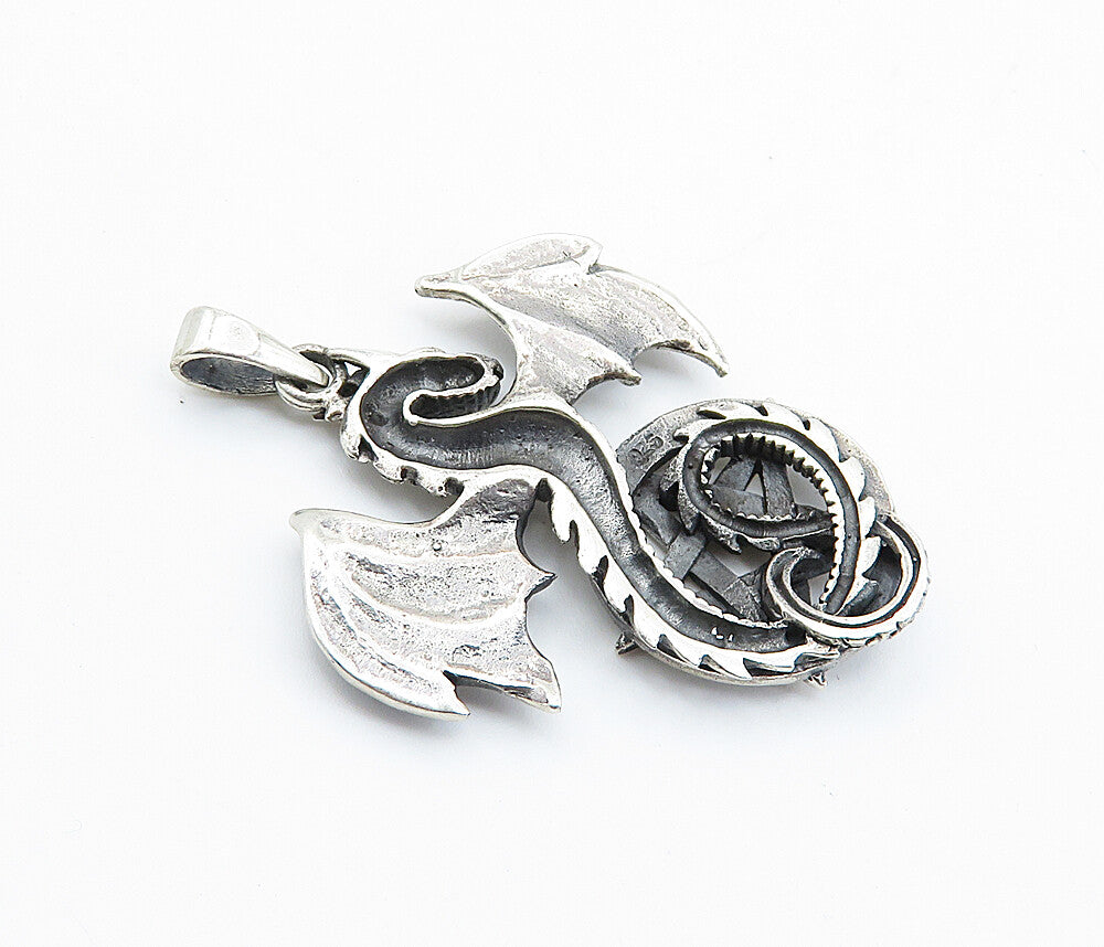 925 Sterling Silver  Vintage Pentagram Star & Flying Dragon Pendant  PT5969