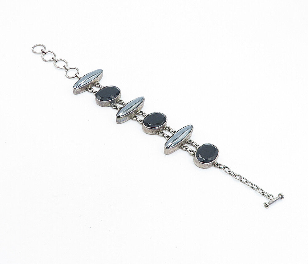 925 Sterling Silver Vintage Hematite Multi Shape Link Chain Bracelet BT3148