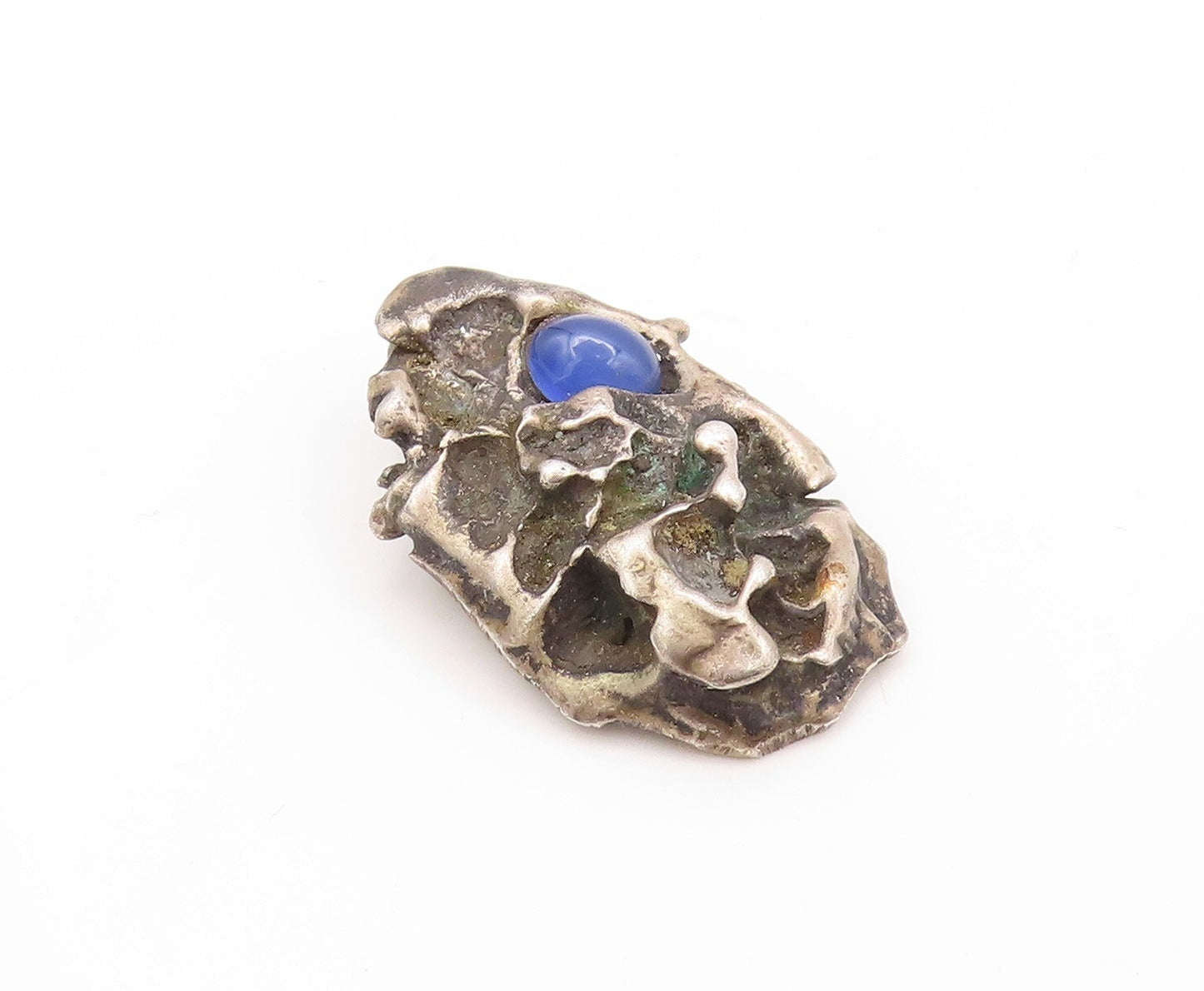 925 Sterling Silver Vintage Pendant Dark Tone Brutalist Gemstone  PT23595