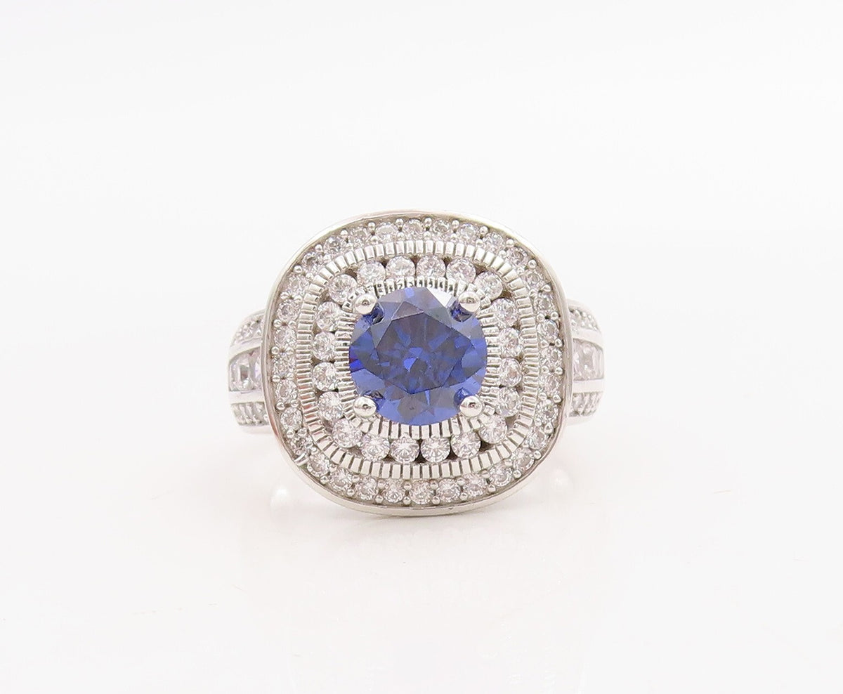 925 Sterling Silver Vintage Ring Round Cut Sapphire Halo CZ Inlay  Sz 7  RG30746