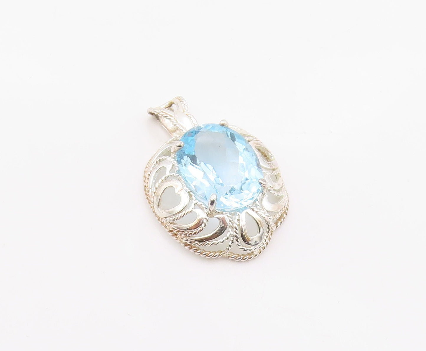 925 Sterling Silver Vintage Pendant Classic Oval Cut Blue Topaz Charm  PT26327