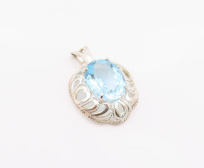 925 Sterling Silver Vintage Pendant Classic Oval Cut Blue Topaz Charm  PT26327
