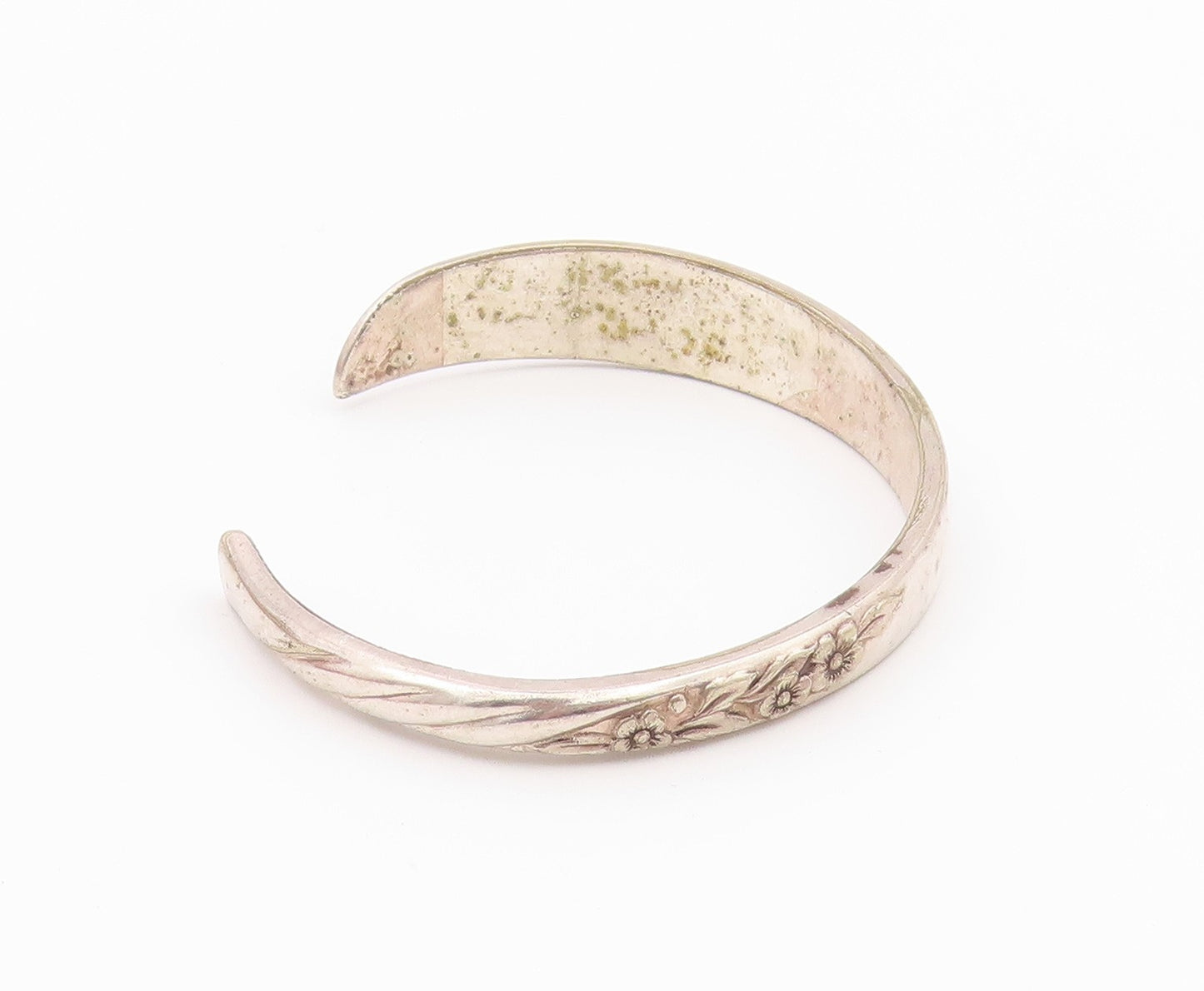 ROGERS ONEIDA 925 Silver  Vintage Shiny Floral Detail Cuff Bracelet  BT7995